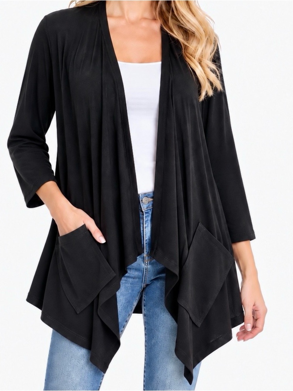 CHICO’S Travelers Flowy Knit Black Open-Front Draped Cardigan w POCKETS!! — #LHP